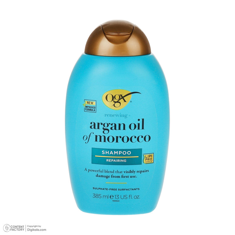 شامپو تقویت کننده و ترمیم کننده مو او جی ایکس مدل Argan Oil مناسب برای موهای آسیب دیده حجم 385 میلی لیتر