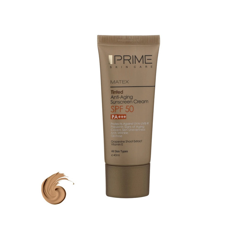 کرم ضد آفتاب رنگی پرایم SPF 50 مدل aging ‌محافظ UVA ،UVB و PA+++، ضد چروک و ضد پیری مناسب انواع پوست‌ حجم 40 میلی‌لیتر