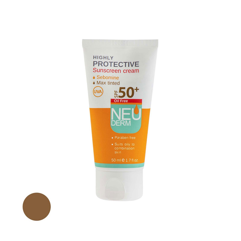 کرم ضد آفتاب رنگی نئودرم SPF 50 مدل Highly Protective Max Tinted محافظ UVA، مناسب پوست‌های چرب و مختلط حجم 50 میلی لیتر