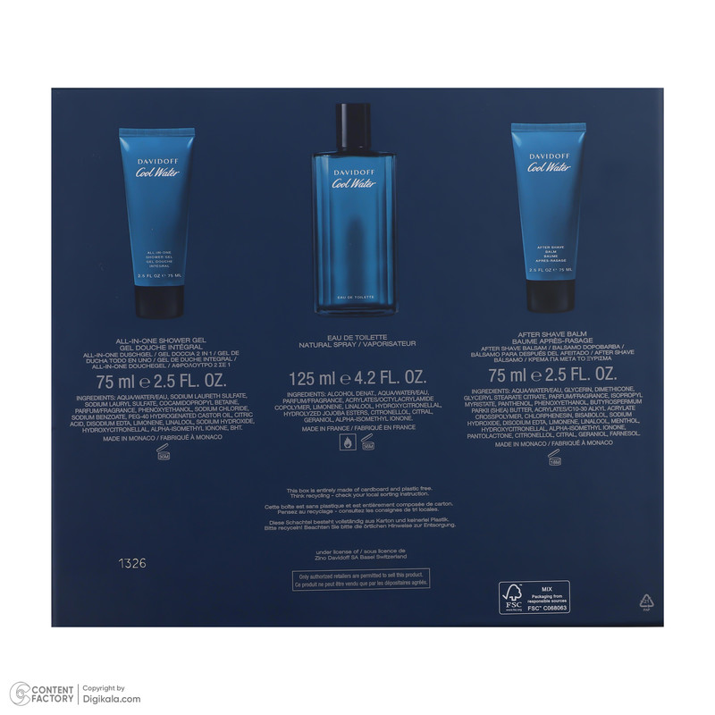 ست ادوتویلت مردانه دیویدف مدل Cool Water حجم 100 میلی لیتر به همراه شامپو بدن مردانه دیویدف مدل Cool Water حجم 75 میلی لیتر و افترشیو مردانه دیویدف مدل Cool Water حجم 75 میلی لیتر