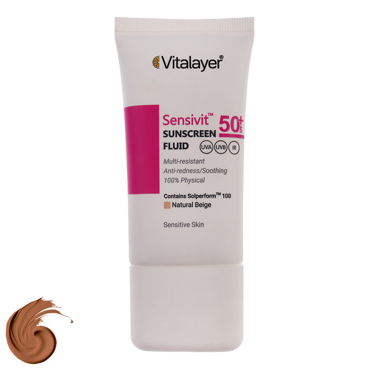 فلوئید ضد آفتاب رنگی ویتالیر spf50 مدل Sensivit محافظ UVA،UVB مناسب انواع پوست حجم 50 میلی لیتر