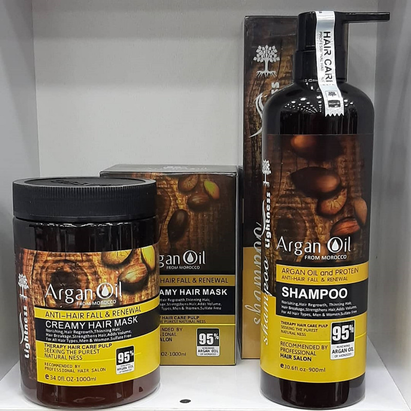 شامپو تقویتکننده و ترمیم کننده مو لایتنس مدل argan حجم 900 میلیلیتر به همراه ماسک مو لایتنس مدل argan oil حجم 1000 میلیلیتر