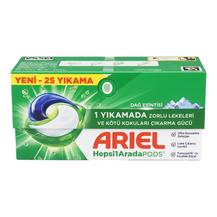 قرص ماشین لباسشویی آریل با رایحه کوهستانی بسته 25 عددی مناسب برای همه البسه ها وزن 490 گرم