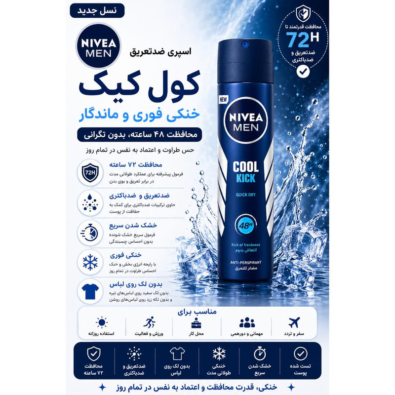 اسپری ضدتعریق مردانه نیوآ مدل 48H Cool Kick حجم 200 میلیلیتر