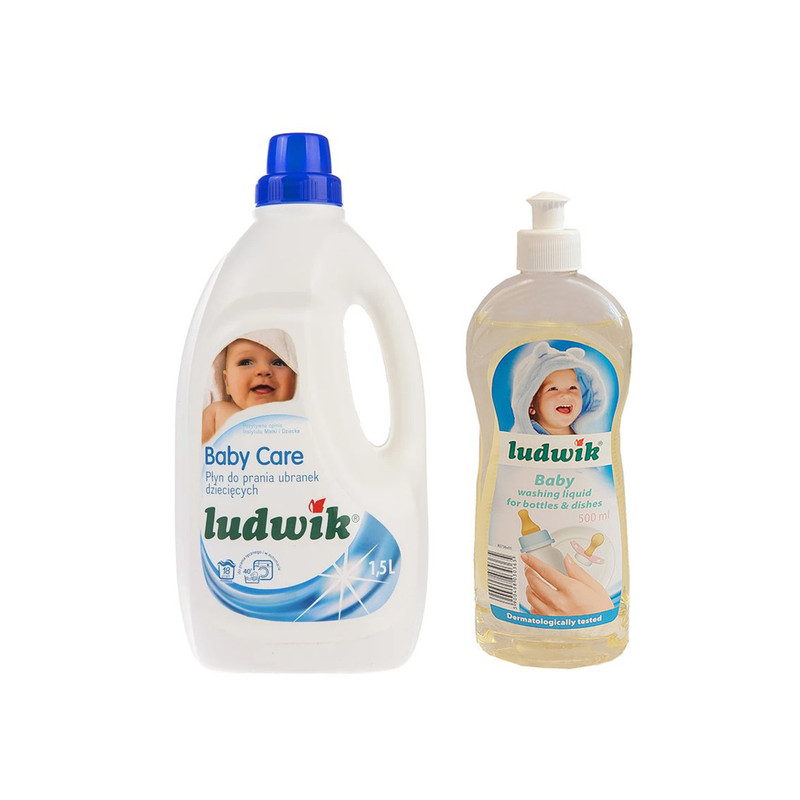 مایع لباسشویی کودک لودیک حجم 1500 لیتر کد Pa7077 و مایع شوینده شیشه شیر و ظروف لودیک حجم 500 میلی لیتر کد Pa0365