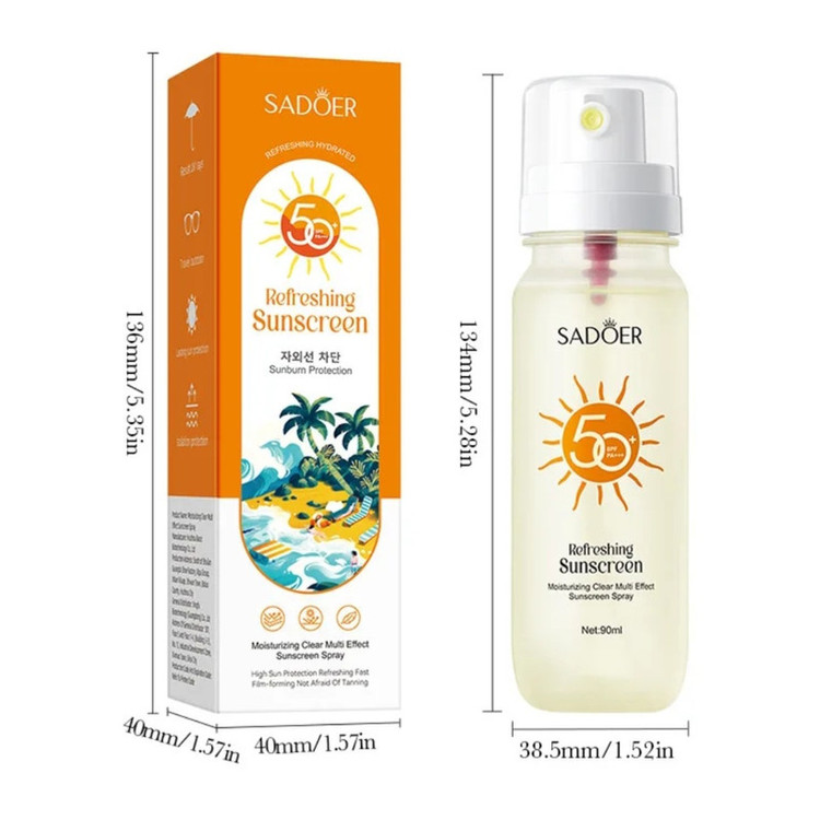 اسپری ضد آفتاب بدون رنگ صورت و بدن سادور SPF 50 مدل Refreshing محافظ UVA ، UVB و +++PA مناسب برای انواع پوست حجم 90 میلی لیتر