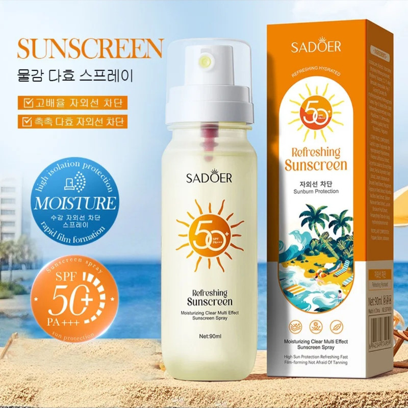 اسپری ضد آفتاب بدون رنگ صورت و بدن سادور SPF 50 مدل Refreshing محافظ UVA ، UVB و +++PA مناسب برای انواع پوست حجم 90 میلی لیتر