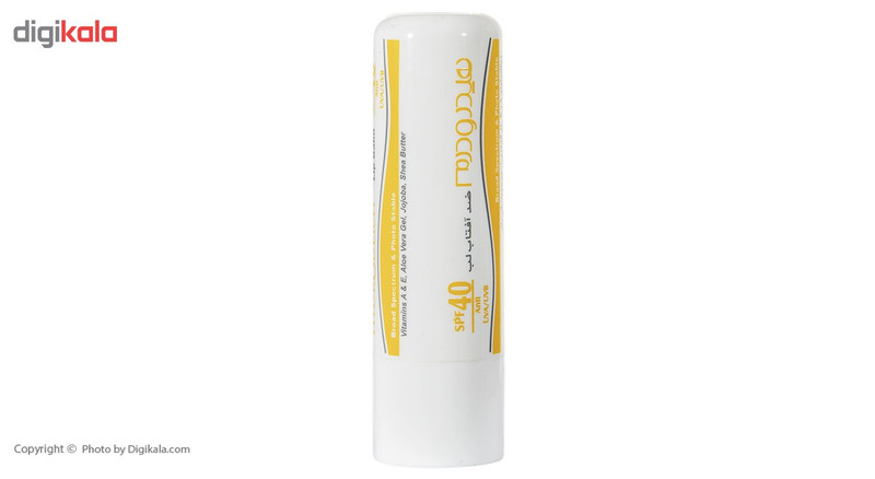بالم لب هیدرودرم مدل SPF40 مرطوبکننده و ضدآفتاب با عصاره آلوئهورا و شیباتر، مقاوم در برابر آب و تعریق، مناسب پوست خشک، جامد ماتیکی، وزن 4.5 گرم