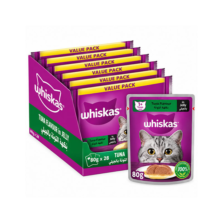 پوچ گربه ویسکاس مدل Cat Pouch in Jelly طعم ماهی تن وزن 2240 گرم بسته 28 عددی