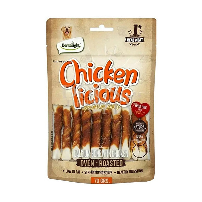 تشویقی حاوی کلسیم سگ دنتالایت مدل Chickenlicious Calcium Bone of Chicken طعم مرغ وزن ۷۰ گرم