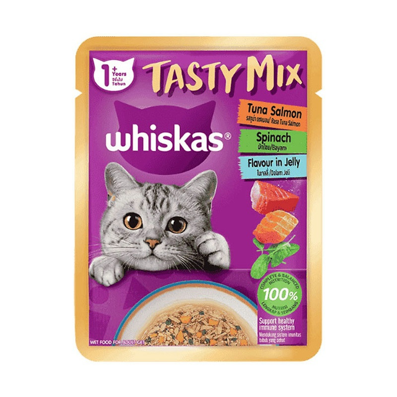 پوچ گربه ویسکاس مدل Tasty Mix in Jelly طعم‌ ماهی تن، سالمون و اسفناج وزن ۷۰ گرم