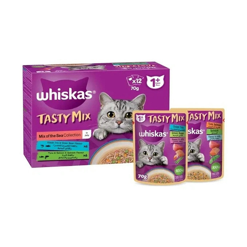 پوچ گربه ویسکاس مدل Tasty Mix Sea Collection in Jelly طعم دریایی وزن 70 گرم بسته 12 عددی