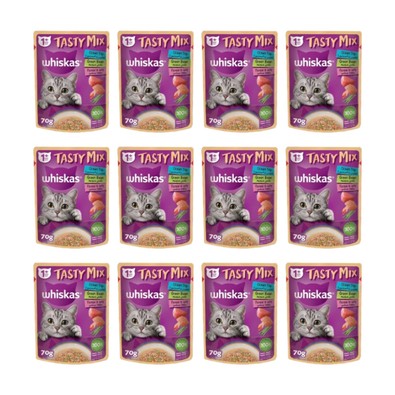 پوچ گربه ویسکاس مدل Tasty Mix Sea Collection in Jelly طعم دریایی وزن 70 گرم بسته 12 عددی