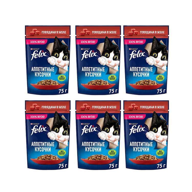 پوچ گربه فلیکس مدل in Jelly با طعم گوشت گاو وزن 410 گرم بسته 6 عددی