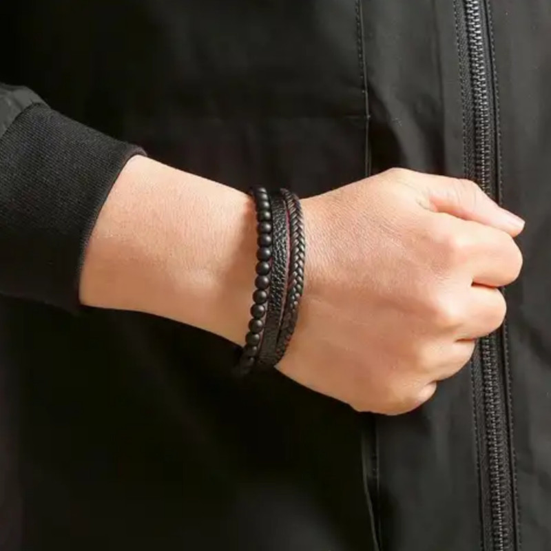 دستبند مردانه مدل سنگ و چرم کد 3570