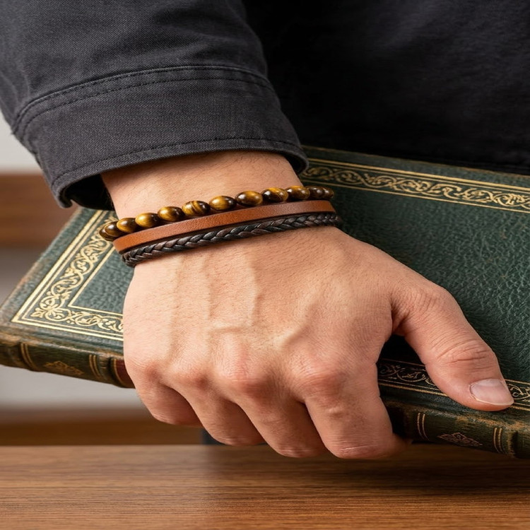 دستبند مردانه چرم سنگ طبیعی مدل آرگوس