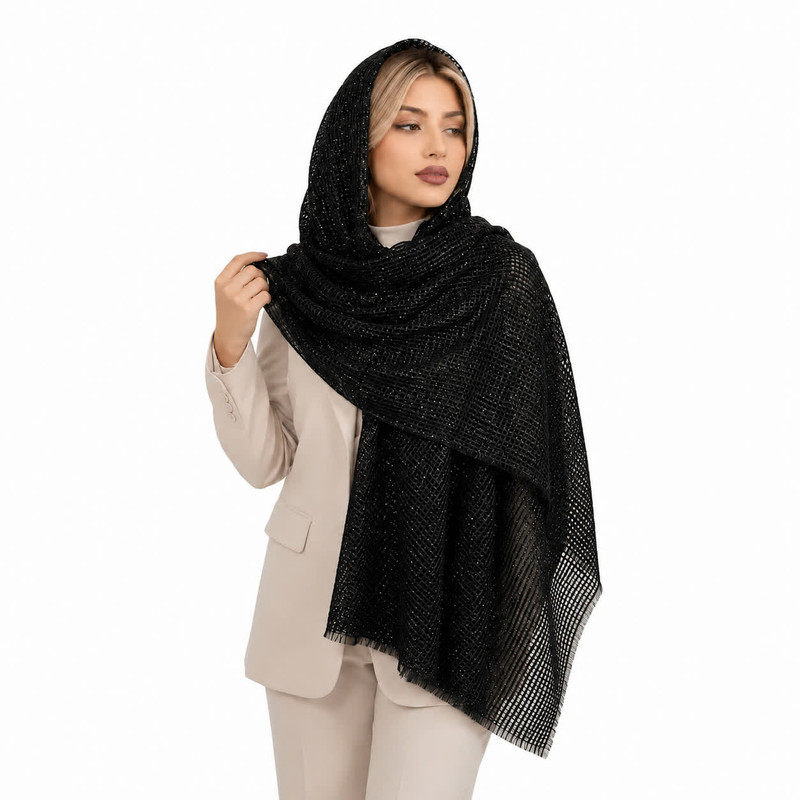 شال نخ زنانه مدل حصیری شاین دار با طول و عرض 75*195 سانتی متر