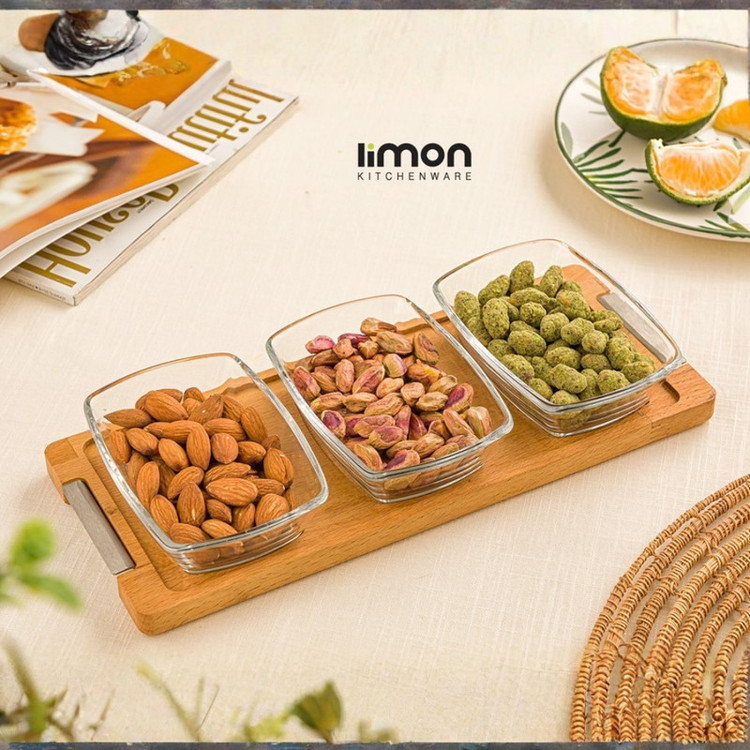 اردوخوری لیمون مدل مستطیل با پایه چوبی و بدنه شیشهای، مجموعه 3 عددی، کد FIDOKA-2245، ابعاد 29×12×4 سانتیمتر، مناسب شستشو با دست و ماشین ظرفشویی