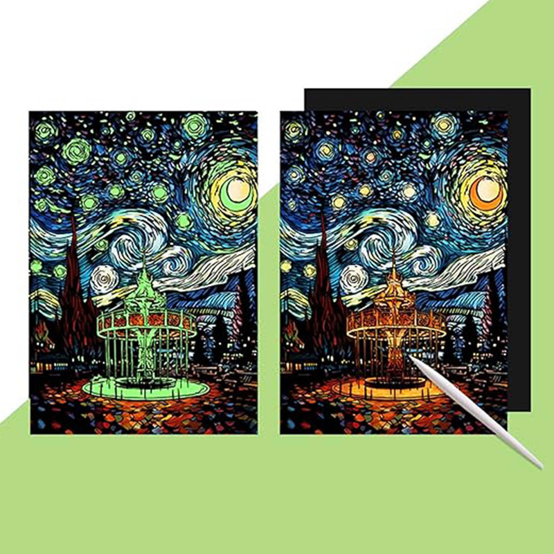 مقوا رنگآمیزی مدل اسکراچ شب پر ستاره ونگوگ شب تاب سایز 42x30 سانتیمتر