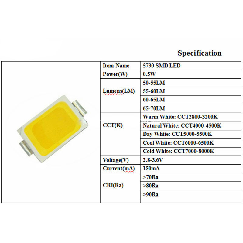 چیپ ال ای دی 0.5 وات مدل 5730 3V 0.5W بسته 1000 عددی