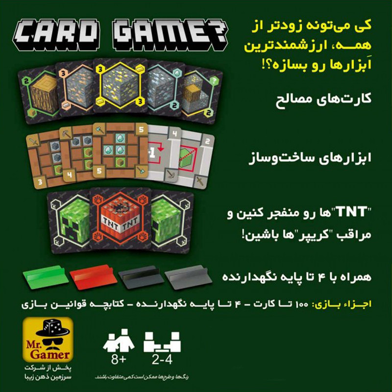 بازی فکری بردگیم مدل ماینکرفت مناسب 2 تا 4 نفر، رده سنی کودک تا بزرگسال، سبک استراتژی با تاکتیک مدیریت منابع و مدت زمان کمتر از یک ساعت