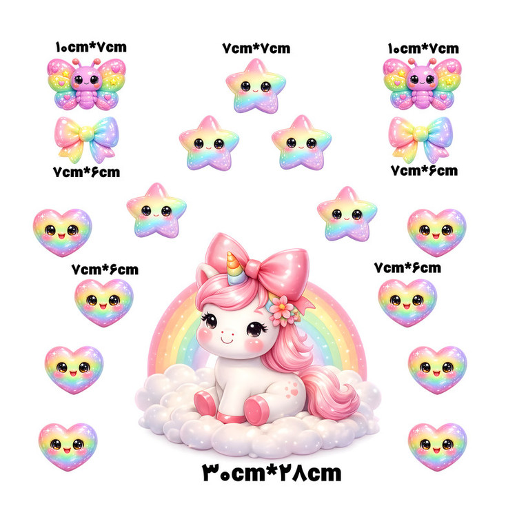 استیکر دیواری کودک مدل تک شاخ رنگین کمان کد rainbow-unicorn-01 مجموعه 18 عددی