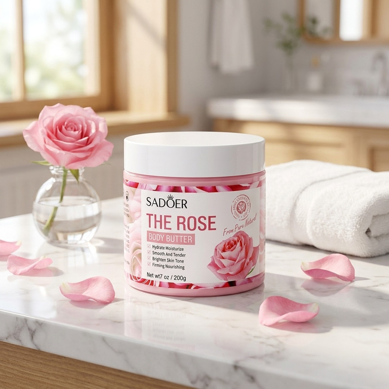 کره بدن سادور مدل The Rose حجم 250 میلیلیتر مرطوبکننده و ضد خشکی با ویتامین E، روغن بادام، آرگان و عصاره گل رز، ضد ترک، جوانساز، فاقد پارابن و مواد حساسیتزا، مناسب انواع پوست و استفاده پس از دوش