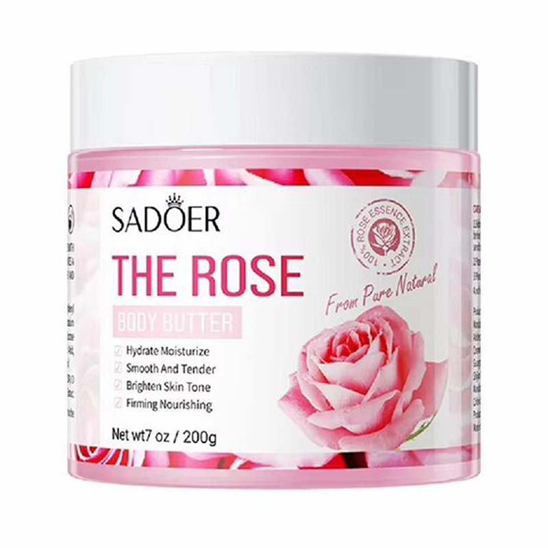 کره بدن سادور مدل The Rose حجم 250 میلیلیتر مرطوبکننده و ضد خشکی با ویتامین E، روغن بادام، آرگان و عصاره گل رز، ضد ترک، جوانساز، فاقد پارابن و مواد حساسیتزا، مناسب انواع پوست و استفاده پس از دوش