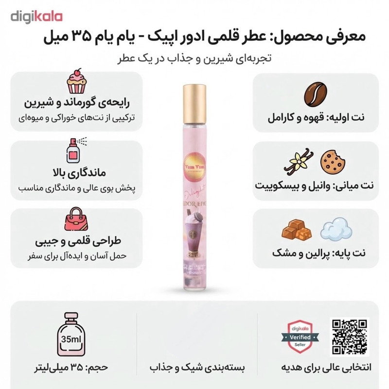 عطر جیبی زنانه مدل یام یام حجم 35 میلیلیتر، با رایحه شیرین و گلی و پخش بوی قوی